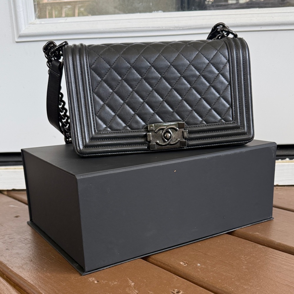 CHANEL Calfskin So Black Quilted Medium Boy Shoulder Bag with so Black Hardware